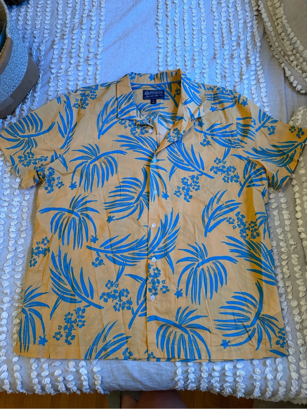 American Rag Yellow Short-Sleeve Button-Down with Blue Tropical Print